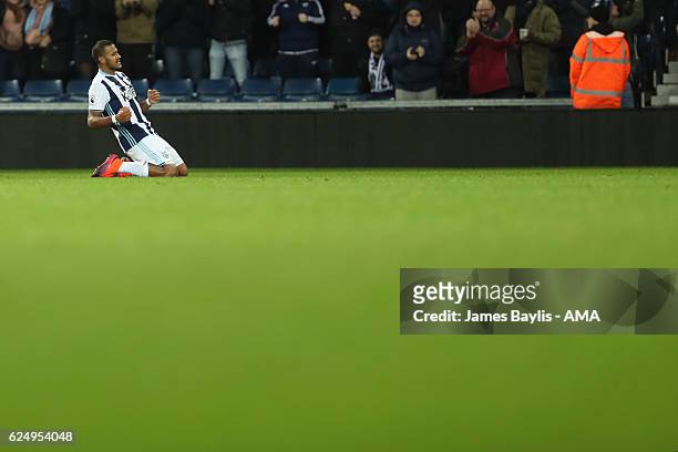 Jose Salomon Rondon of West Bromwich Albion celebrates after scoring a goal to make it 4-0 during the Premier League match between West Bromwich...