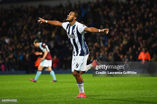 Jose Salomon Rondon of West Bromwich Albion celebrates as he scores their fourth goal during the Premier League match between West Bromwich Albion...