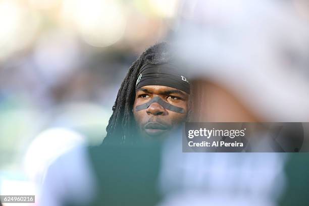 Linebacker Lorenzo Mauldin of the New York Jets follows the play against the Los Angeles Rams at MetLife Stadium on November 13, 2016 in East...