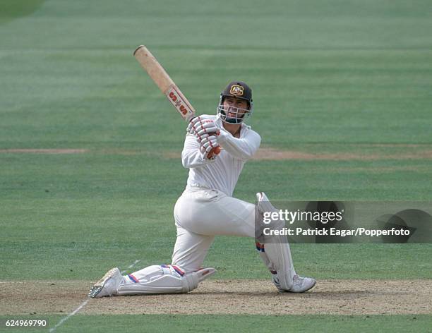 Mark Taylor batting for Australia during his innings of 111 in the 2nd Test match between England and Australia at Lord's Cricket Ground, London,...