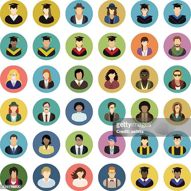 vector characters (university, college, school). people icon set. - graduation gown stock illustrations
