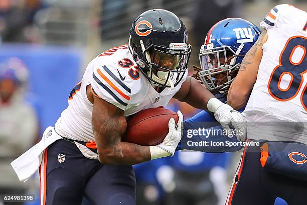 Chicago Bears running back Jeremy Langford runs during the first quarter of the National Football League game between the New York Giants and the...