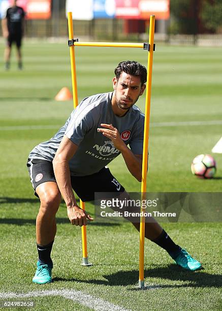 Bruno Pinatares of the Wanderes warms up during a Western Sydney Wanderers A-League training session at Blacktown International Sportspark on...