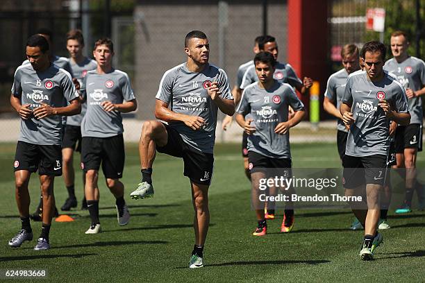 Wanderers players warm up during a Western Sydney Wanderers A-League training session at Blacktown International Sportspark on November 22, 2016 in...