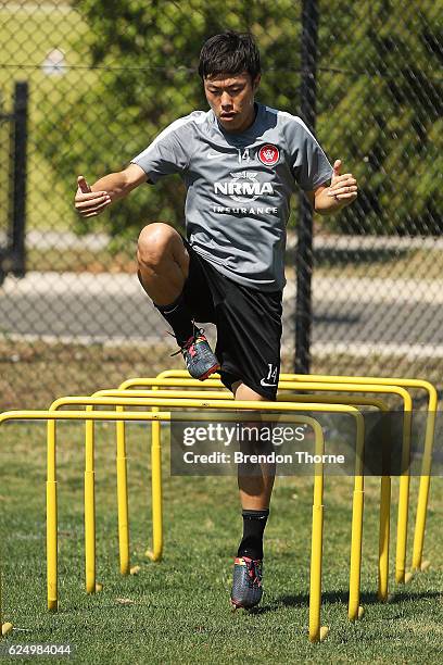 Jumpei Kusukami of the Wanderers warms up during a Western Sydney Wanderers A-League training session at Blacktown International Sportspark on...