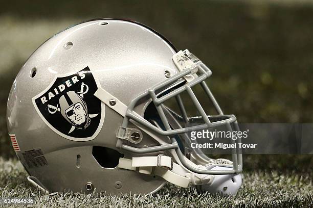 Raiders helmet is seen prior the NFL football game between Houston Texans and Oakland Raiders at Azteca Stadium on November 21, 2016 in Mexico City,...