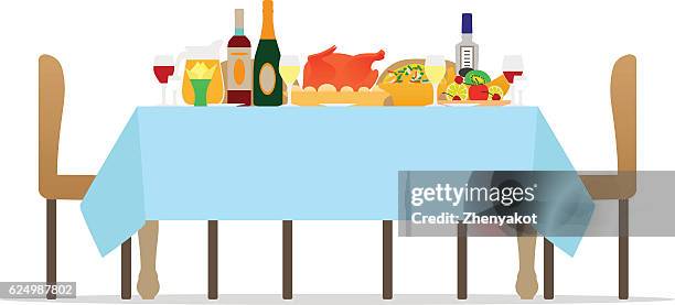 vector table for festive holiday romantic dinner - christmas dinner party stock illustrations