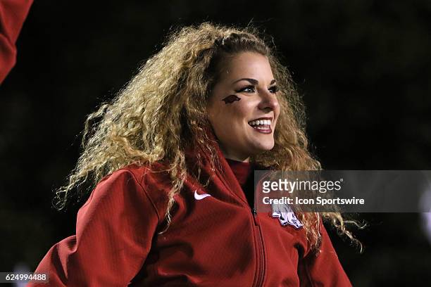 Razorback cheerleader during the game between the Arkansas Razorbacks and the Mississippi State Bulldogs on November 19, 2016. Arkansas defeated...