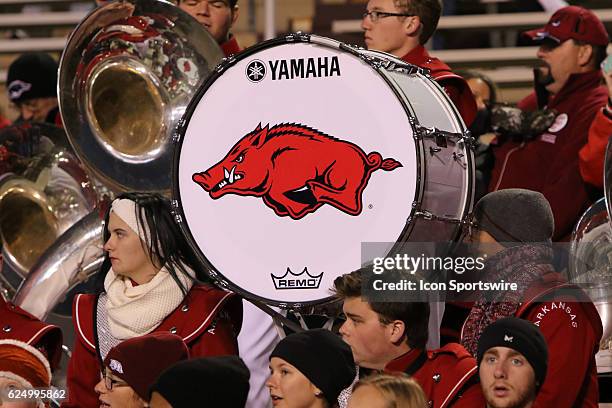 The Razorback logo on the drum at the game between the Arkansas Razorbacks and the Mississippi State Bulldogs on November 19, 2016. Arkansas defeated...