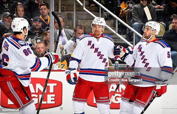Michael Grabner of the New York Rangers celebrates his second period goal against the Pittsburgh Penguins at PPG Paints Arena on November 21, 2016 in...