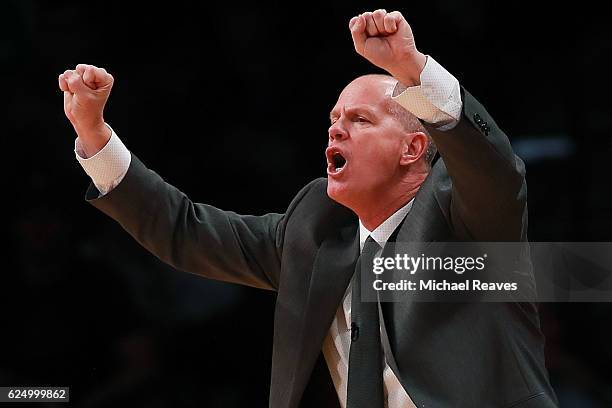 Head coach Tad Boyle of the Colorado Buffaloes reacts against the Notre Dame Fighting Irish in the second half of the 2016 Legends Classic at...