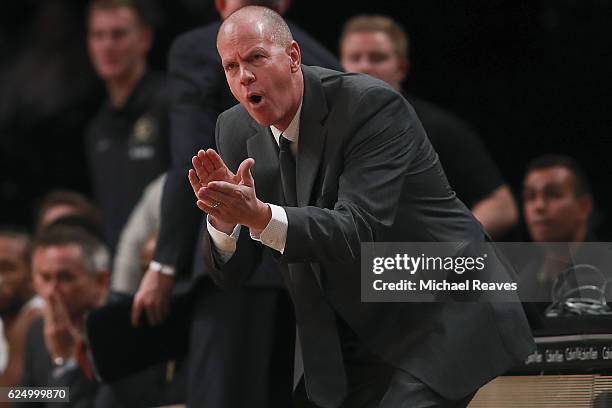 Head coach Tad Boyle of the Colorado Buffaloes reacts against the Notre Dame Fighting Irish in the second half of the 2016 Legends Classic at...