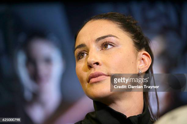 Australian Diamonds Captain Sharni Layton speaks to the media during a Collingwood Magpies AFL media session at the Holden Centre on November 22,...