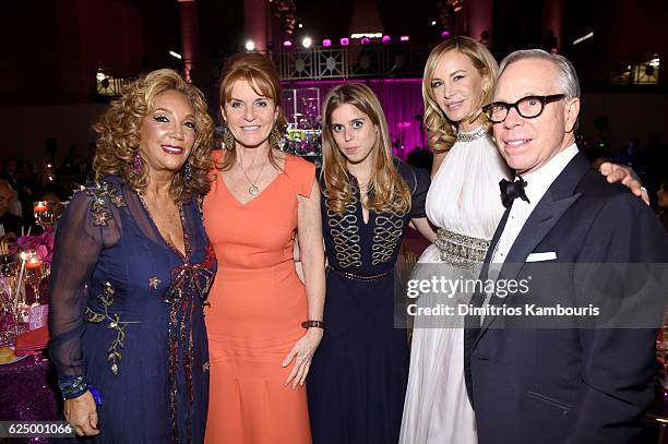 Denise Rich, Duchess of York Sarah Ferguson, Princess Beatrice of York and Dee Ocleppo and Tommy Hilfiger attend the 2016 Angel Ball hosted by...