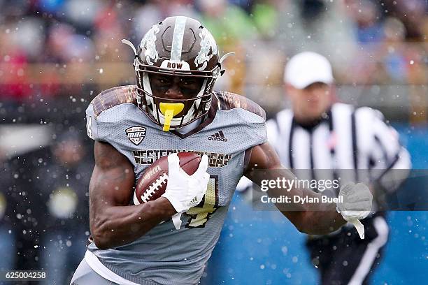 Corey Davis of the Western Michigan Broncos runs with the ball in the first quarter against the Buffalo Bulls at Waldo Field on November 19, 2016 in...