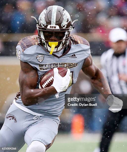 Corey Davis of the Western Michigan Broncos runs with the ball in the first quarter against the Buffalo Bulls at Waldo Field on November 19, 2016 in...