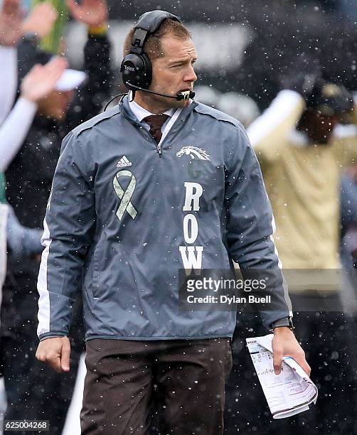 Head coach P.J. Fleck of the Western Michigan Broncos walks on the sideline in the first quarter against the Buffalo Bulls at Waldo Field on November...