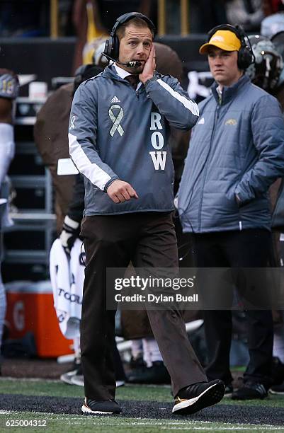 Head coach P.J. Fleck of the Western Michigan Broncos walks on the sideline in the second quarter against the Buffalo Bulls at Waldo Field on...