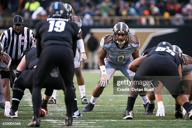 Caleb Bailey of the Western Michigan Broncos lines up at linebacker in the second quarter against the Buffalo Bulls at Waldo Field on November 19,...