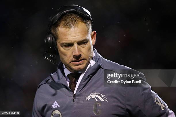 Head coach P.J. Fleck of the Western Michigan Broncos walks on the sideline in the third quarter against the Buffalo Bulls at Waldo Field on November...