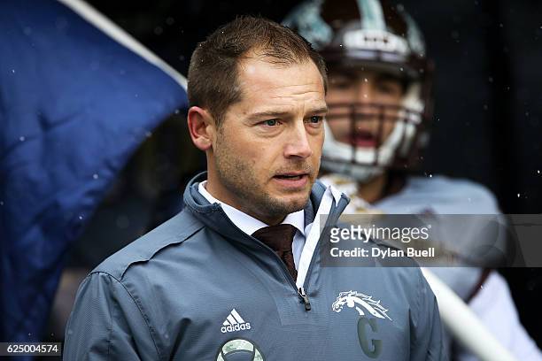 Head coach P.J. Fleck of the Western Michigan Broncos walks to the field before the game against the Buffalo Bulls at Waldo Field on November 19,...