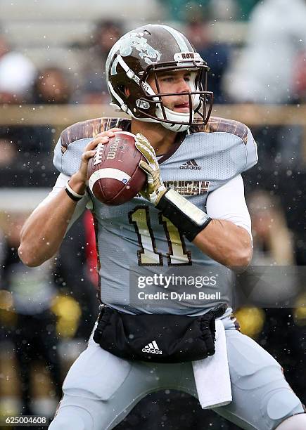 Zach Terrell of the Western Michigan Broncos drops back to pass in the first quarter against the Buffalo Bulls at Waldo Field on November 19, 2016 in...