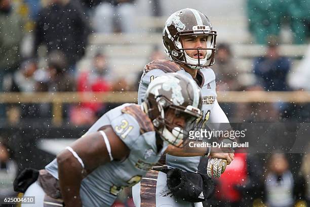 Zach Terrell of the Western Michigan Broncos looks to the sideline in the first quarter against the Buffalo Bulls at Waldo Field on November 19, 2016...