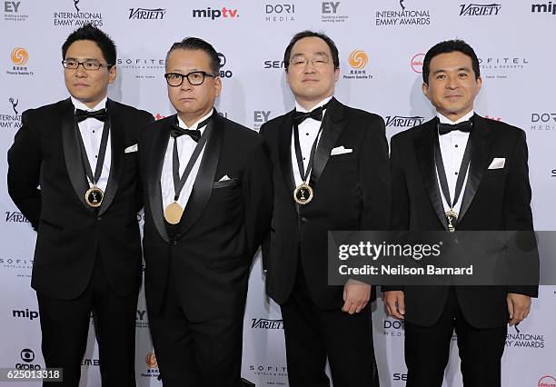 Hiroshi Konishi, Takashi Shimizu and Hideki Ono attend the 44th International Emmy Awards at New York Hilton on November 21, 2016 in New York City.