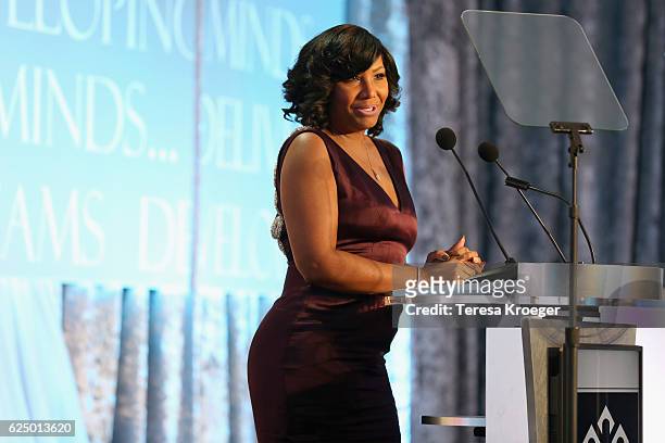 Singer Traci Braxton speaks onstage during the Thurgood Marshall College Fund 28th Annual Awards Gala at Washington Hilton on November 21, 2016 in...