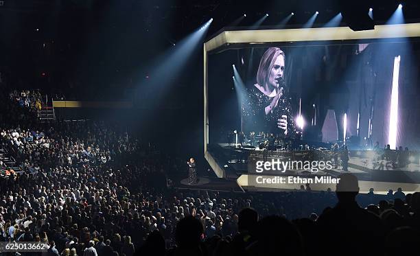 Singer/songwriter Adele performs during the final concert of her North American tour at Talking Stick Resort Arena on November 21, 2016 in Phoenix,...