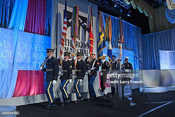 Members of the U.S. Army present the colors onstage during the Thurgood Marshall College Fund 28th Annual Awards Gala at Washington Hilton on...