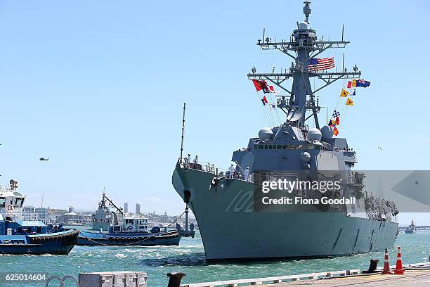 Naval Ship the USS Sampson returns to Auckland from assisting after the earthquake in Kaikoura, at Devonport Naval Base on November 22, 2016 in...