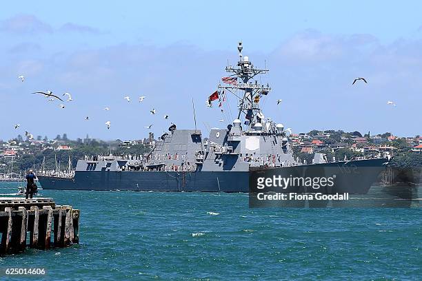 Naval Ship the USS Sampson returns to Auckland from assisting after the earthquake in Kaikoura, at Devonport Naval Base on November 22, 2016 in...