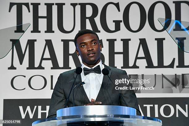 Student Henry T. Akaeze speaks onstage during the Thurgood Marshall College Fund 28th Annual Awards Gala at Washington Hilton on November 21, 2016 in...
