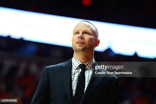 Pat Kelsey head coach Winthrop University Eagles looks on during the game between the Winthrop Eagles and the Illinois Fighting Illini on November 21...