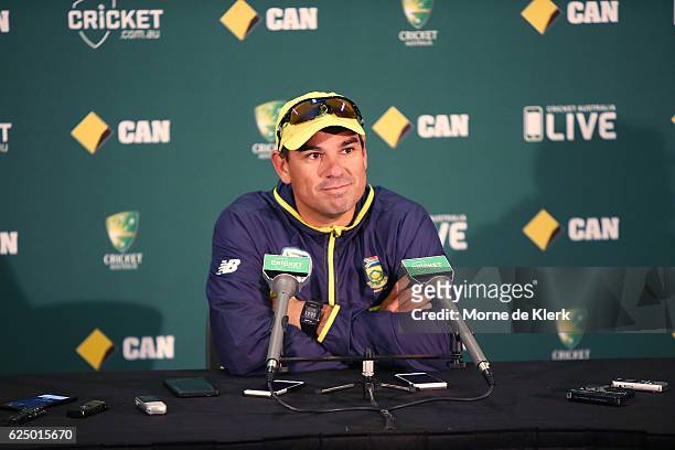 South African cricket coach Russell Domingo speaks to media during a South African media session at Adelaide Oval on November 22, 2016 in Adelaide,...