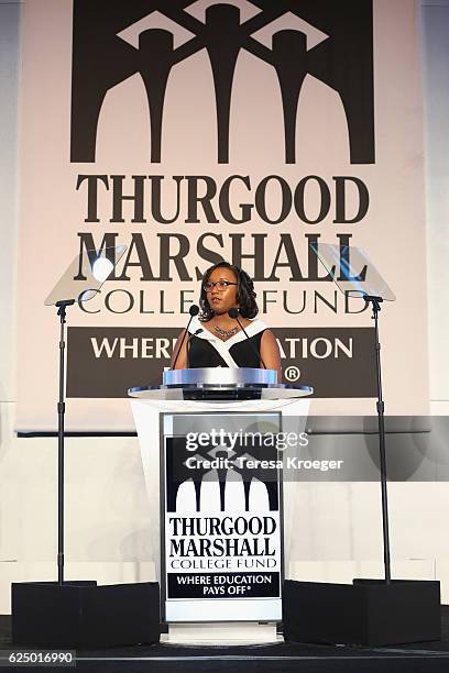 Student Shanell Powell speaks onstage during the Thurgood Marshall College Fund 28th Annual Awards Gala at Washington Hilton on November 21, 2016 in...