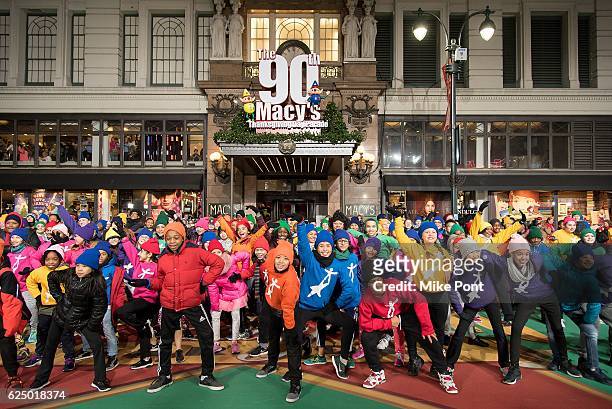 Members of the National Dance Institute perform during the 90th Anniversary Macy's Thanksgiving Day Parade Rehearsals - Day 1 at Macy's Herald Square...