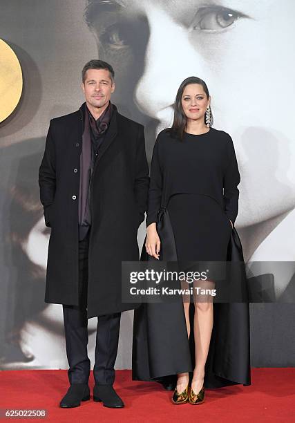 Brad Pitt and Marion Cotillard attend the UK Premiere of "Allied" at Odeon Leicester Square on November 21, 2016 in London, England.