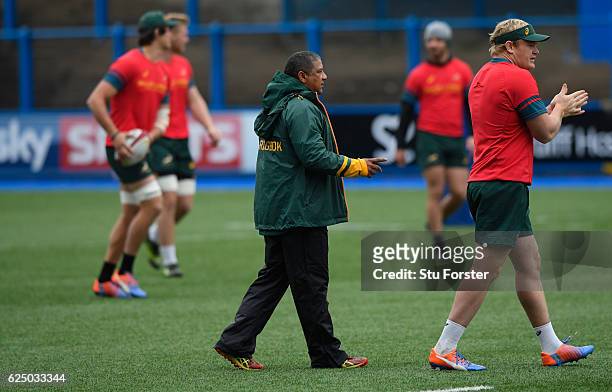 South Africa Coach Allister Coetzee and captain Adriaan Strauss get to work during Springbok training ahead of their International match against...