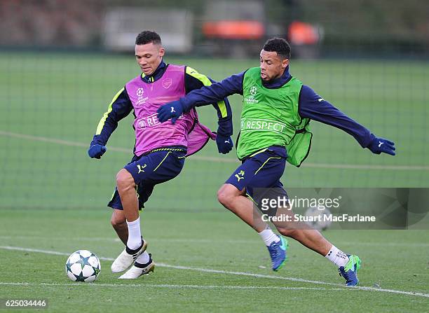 Kieran Gibbs and Francis Coquelin of Arsenal during a training session at London Colney on November 22, 2016 in St Albans, England.