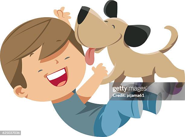 ilustrações de stock, clip art, desenhos animados e ícones de cão adora o rapaz - brincalhão