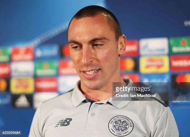 Scott Brown speaks during a Celtic press conference on the eve of their UEFA Champions League match against Barcelona at Celtic Park on November 22,...