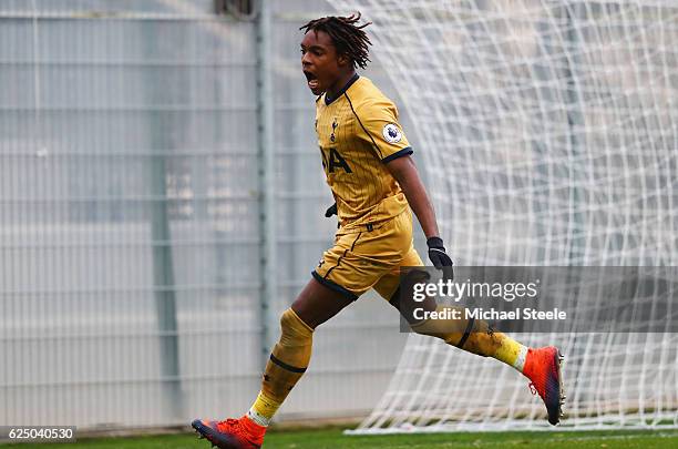 Kazaiah Sterling of Tottenham Hotspur celebrates as he scores their first goal during the UEFA Youth Champions League match between AS Monaco FC and...