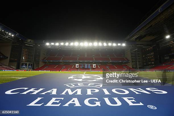 Champions League signage ready for the match during the UEFA Champions League match between FC Copenhagen and FC Porto at Parken Stadium on November...