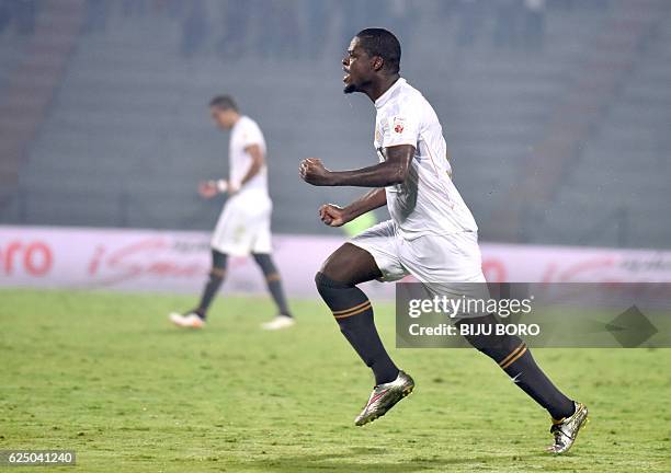 Northeast United FC's midfielder Northeast United FC's midfielder Kaffi Ndri celebrates after scoring a goal during the Indian Super League football...