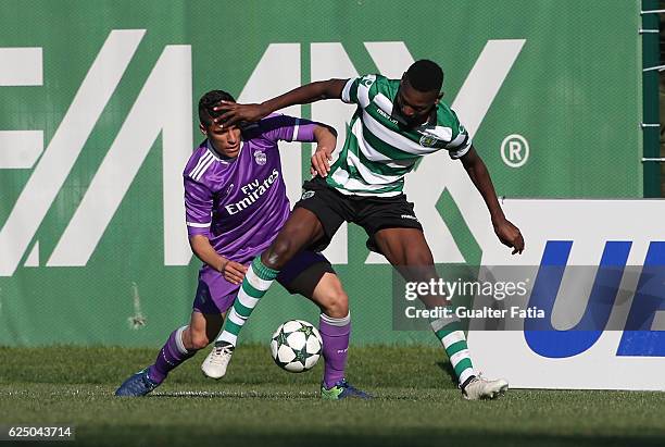 Sporting CP's forward Rafael Leao with Real Madrid's defender Gorka Zabarte in action during the UEFA Youth Champions League match between Sporting...