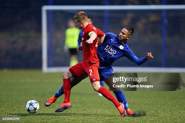 Faiq Bolkiah of Leicester City in action with Jur Schryvers of Club Brugge during the UEFA Youth Champions League match between Leicester City and...