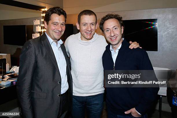 Laurent Gerra, Dany Boon and Stephane Bern pose Backstage after the "Dany De Boon Des Hauts-De-France" Show at L'Olympia on November 16, 2016 in...