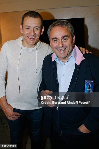 Dany Boon and politician Xavier Bertrand pose Backstage after the "Dany De Boon Des Hauts-De-France" Show at L'Olympia on November 16, 2016 in Paris,...